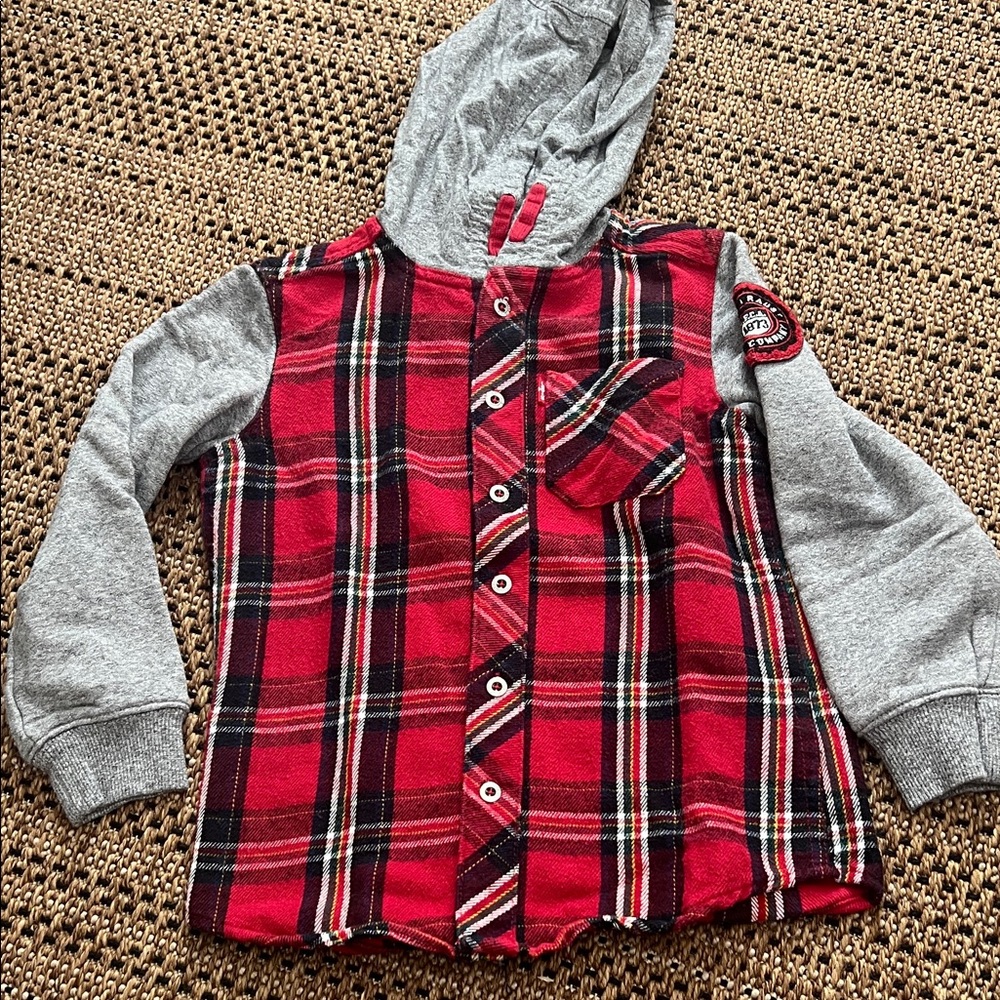 Levi's Kids Red Plaid Hoodie with Gray Sleeves